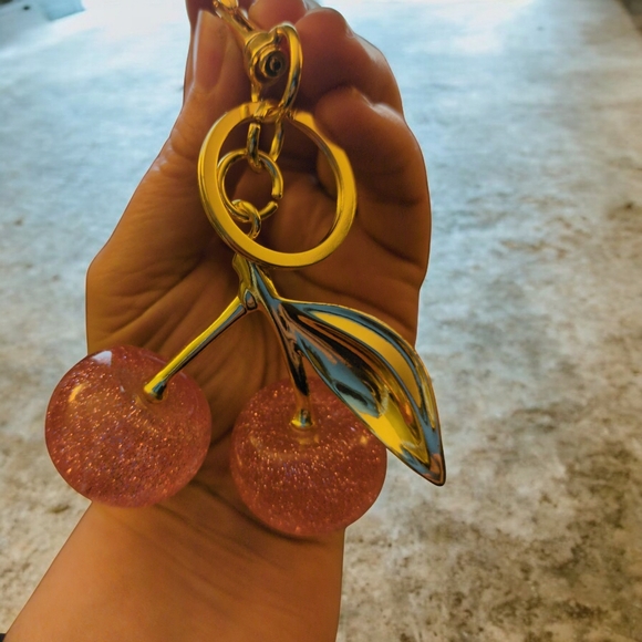 Gold and Pink Cherry Keychain NEW - Picture 2 of 3